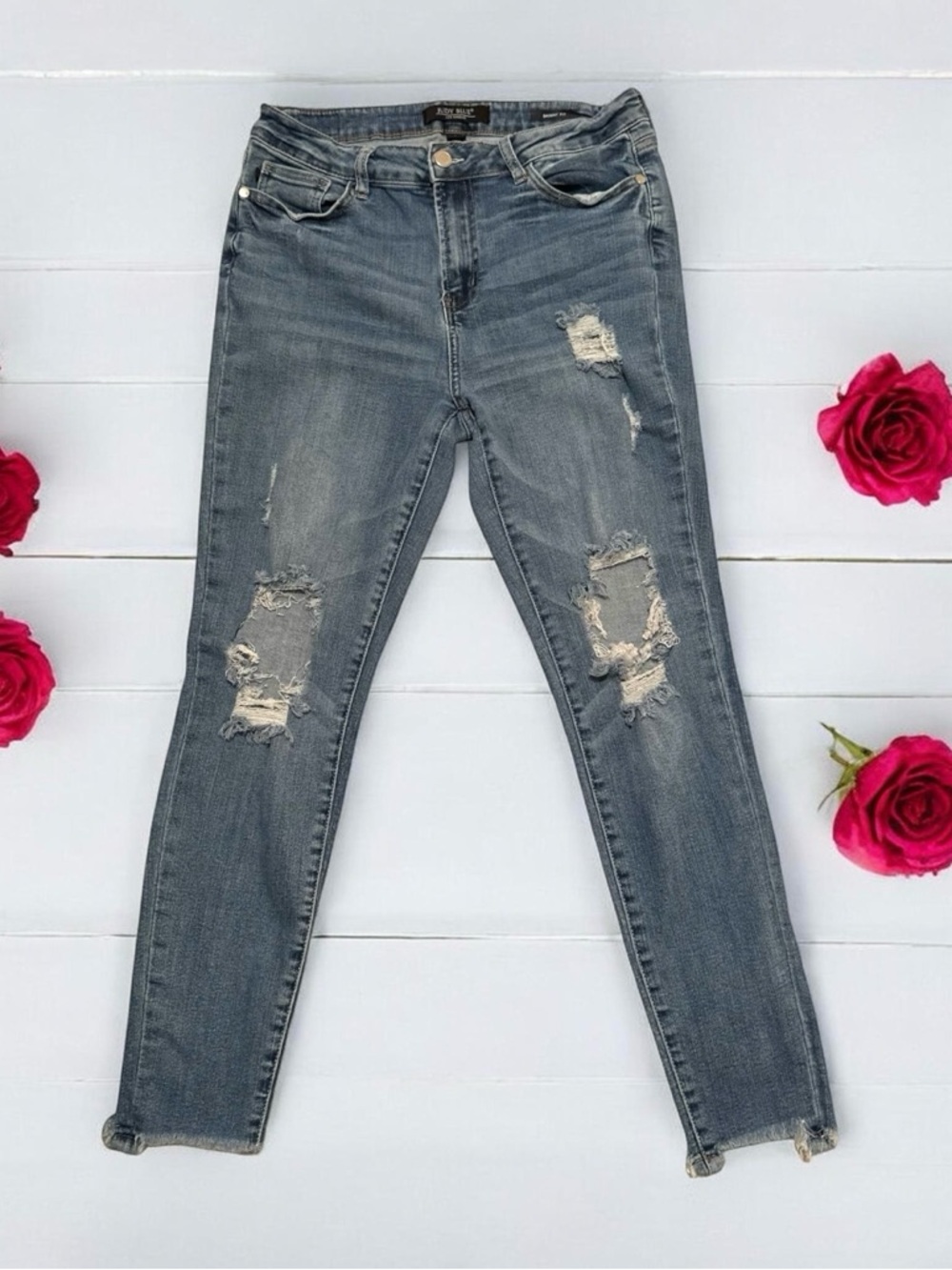 Judy Blue Destructed Skinny Jeans Womens 11 / 30 Blue Raw Hem Holes Distressed